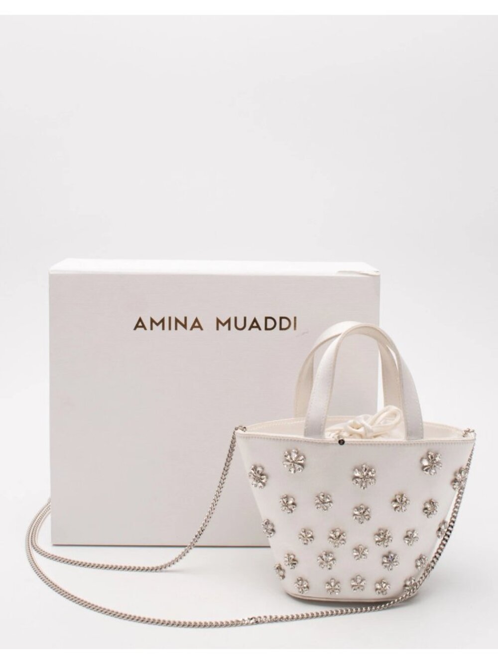 Amina Muaddi White Satin Crystal Floral Mini Bucket Bag w/ Chain Strap NWT